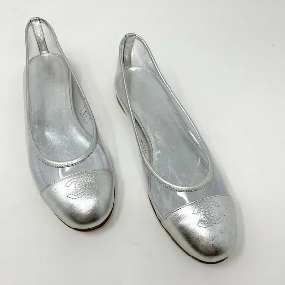 Chanel Interlocking CC Logo Silver Ballet Flat Cap Toe PVC Flat Size 36.5 EU - Picture 4 of 7